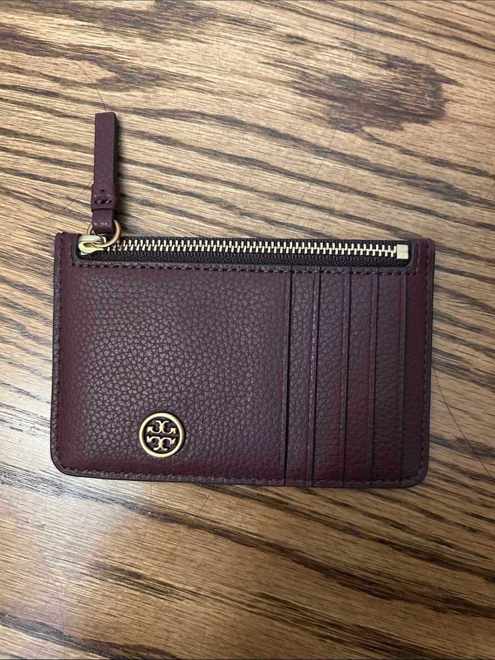 Tory Burch Pebbled Leather Card Holder - Wine